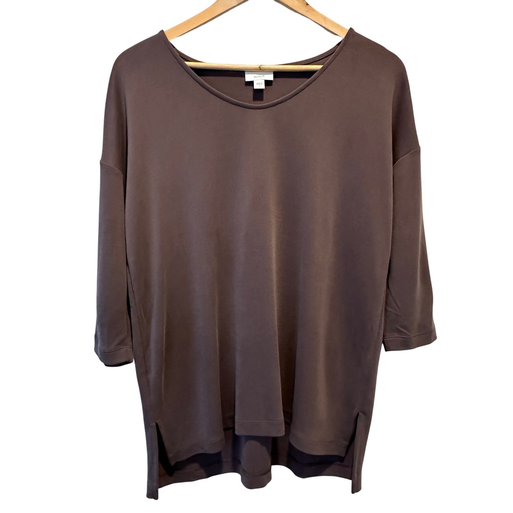 Pure Jill Tunic Top Womens Small Brown Tencel Modal 3/4 Sleeve Scoop Neck Casual
